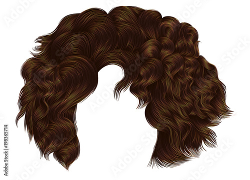 trendy woman curly hairs brown brunette colors .
fringe. fashion beauty style.realistic 3d .
