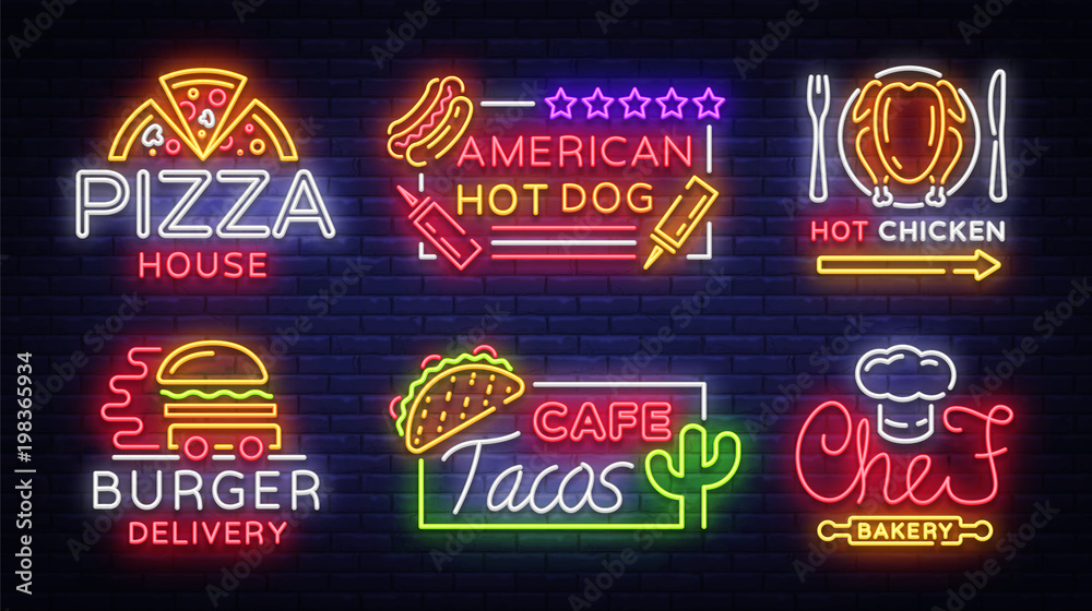 Food neon sign vector collection. Set neon logos, emblems, symbols, Pizza House, American Hot Dog, Hot Chicken, Burger Delivery, Chef Bekery, Tacos cafe. Design templates Neon Billboard