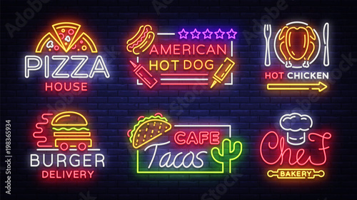 Food neon sign vector collection. Set neon logos, emblems, symbols, Pizza House, American Hot Dog, Hot Chicken, Burger Delivery, Chef Bekery, Tacos cafe. Design templates Neon Billboard