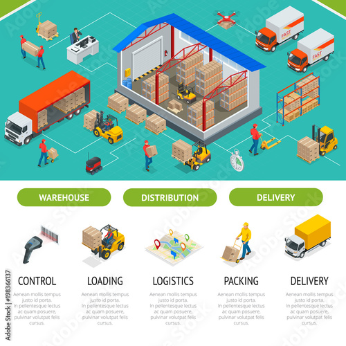 Isometric Warehousing and Distribution Services Concept. Warehouse Storage and Distribution. Ready template for web site or landing page of your company