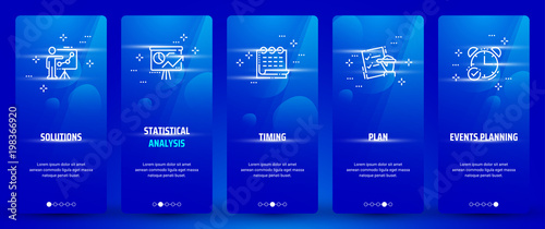 Solutions, Statistical analysis, Plan, Events planning, Timing Vertical Cards with strong metaphors.