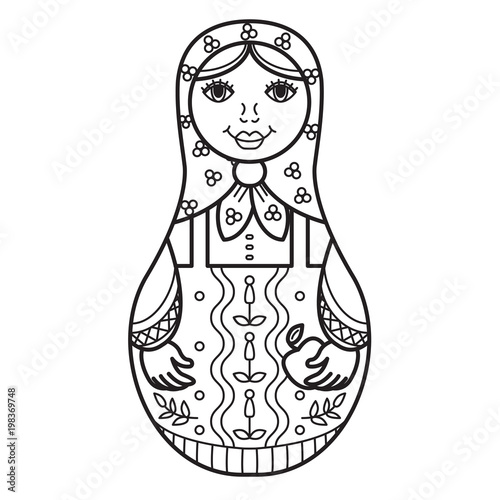 Russian traditional nested doll (matryoshka). Black and White Illustration. Template for style design.  