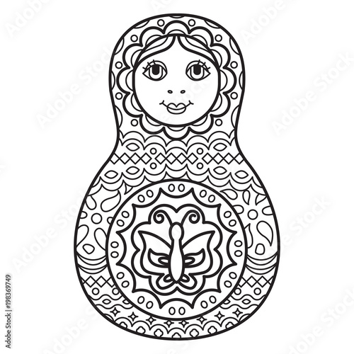 Russian traditional nested doll (matryoshka). Black and White Illustration. Template for style design.  