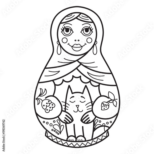 Russian traditional nested doll (matryoshka). Black and White Illustration. Template for style design.  