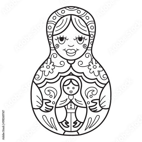 Russian traditional nested doll (matryoshka). Black and White Illustration. Template for style design.  
