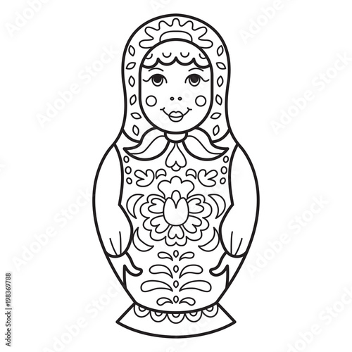 Russian traditional nested doll (matryoshka). Black and White Illustration. Template for style design.  