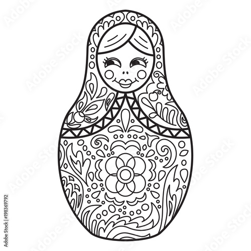Russian traditional nested doll (matryoshka). Black and White Illustration. Template for style design.  