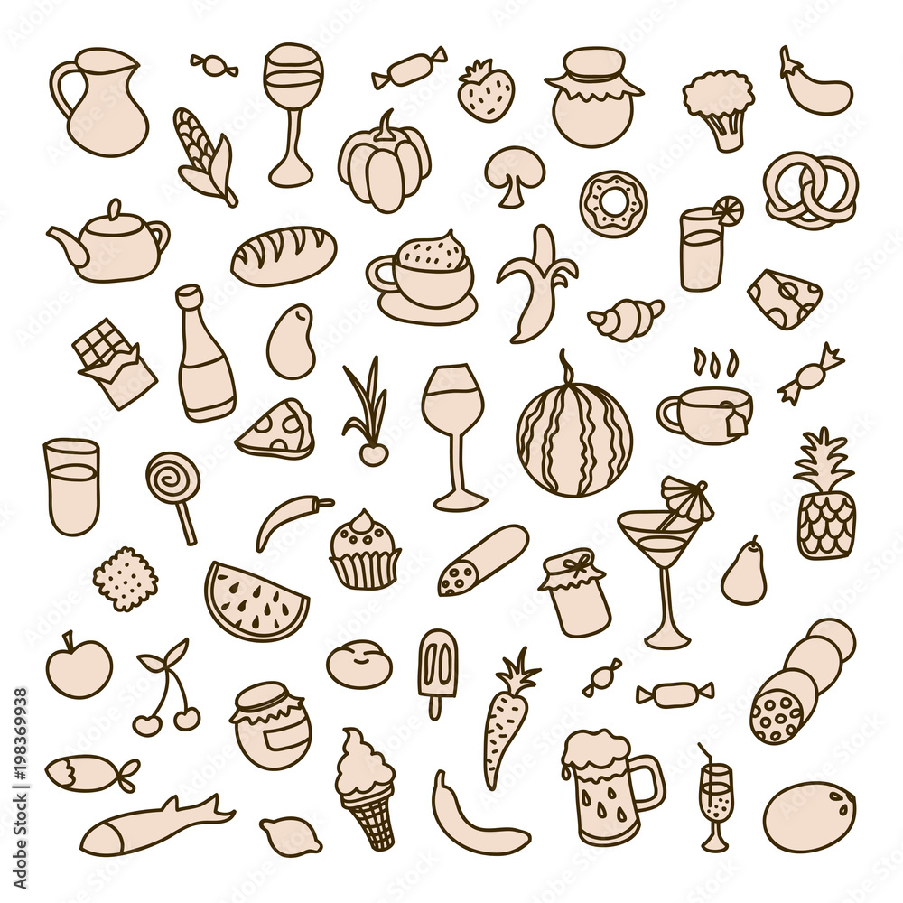 Set icons on the theme of food, different dishes and cuisines. Beautiful vector design.