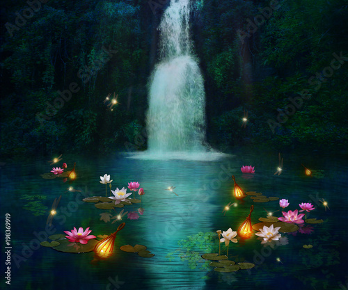 Waterfall and lilies