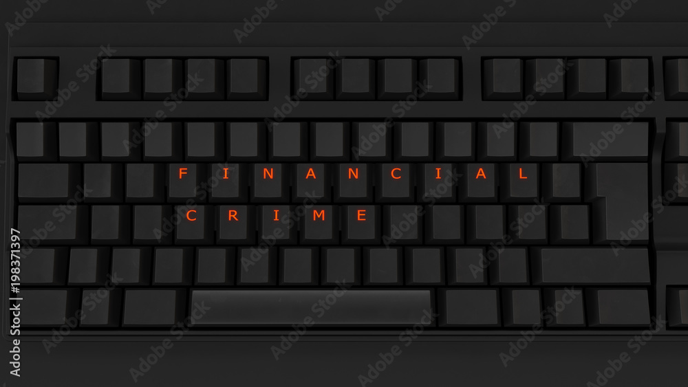 Close Up of Illuminated Glowing Keys on a Black Keyboard Spelling Financial Crime 3d illustration Close Up of Illuminated Glowing Keys on a Black Keyboard Spelling Financial Crime 3d illustration