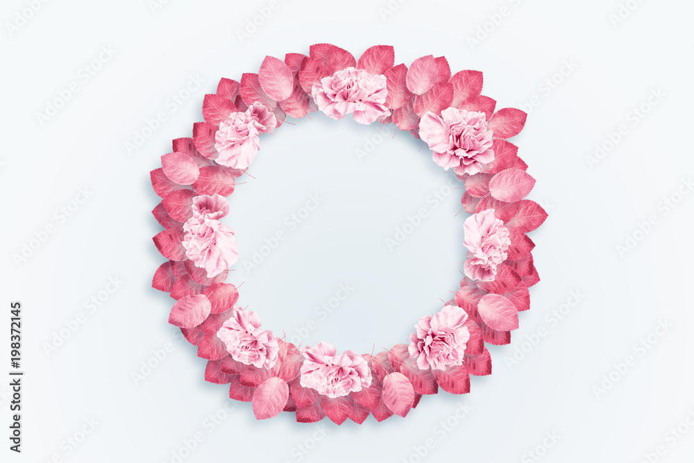 Spring background, round frame, a wreath of pink, red carnations on a light background. Floral background. copy space, flat lay, top view, Mixed media. Valentine's Day, March 8