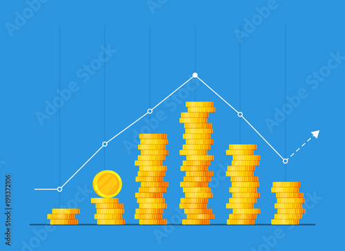 Coins stack vector illustration, flat coin money stacked icon flat, golden penny cash pile, treasure heap isolated on color background