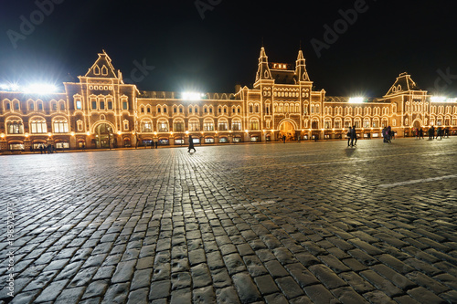 Red square in bright lights at night 