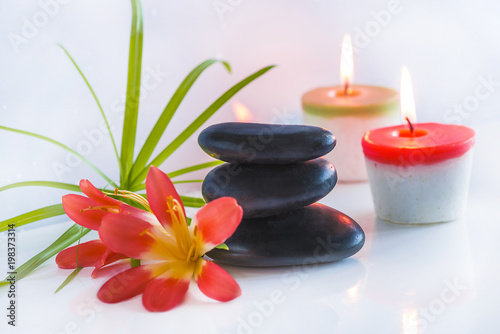 Beautiful spa compostion with black massage stones, red flowers and burning candles on white glossy background