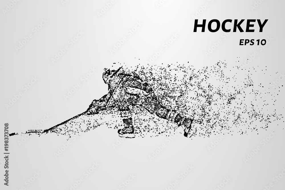 Obraz premium A hockey game consists of points. Particles in the form of a hockey player on a dark background. Vector illustration. Graphic concept of hockey.