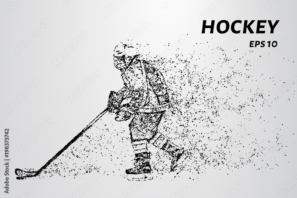 Fototapeta premium A hockey game consists of points. Particles in the form of a hockey player on a dark background. Vector illustration. Graphic concept of hockey.