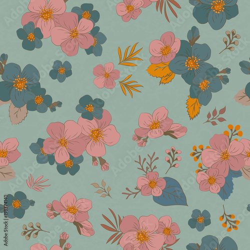 Colorful seamless pattern - flowers in vintage style, spring, cherry, apple tree in bloom - vector illustration. Eps 10. Editable patterns.