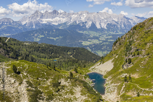 View from Rippetegg to lake Mittersee Spiegelsee and mountain Dachstein
