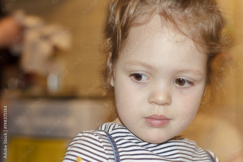 Portrait of joyful little girl with cake at birthday party . Holidays concept Portrait of joyful little girl with cake at birthday party . Holidays concept
