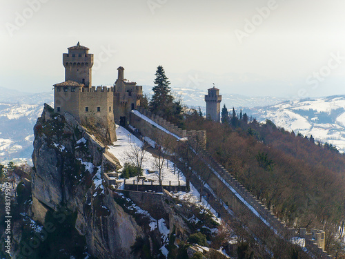 Aerial view of Cesta and The Montale on the cliff edge on Mount Titan in San Marino