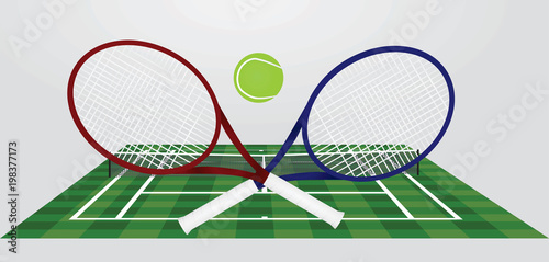 Tennis ball, rackets and field. vector illustration