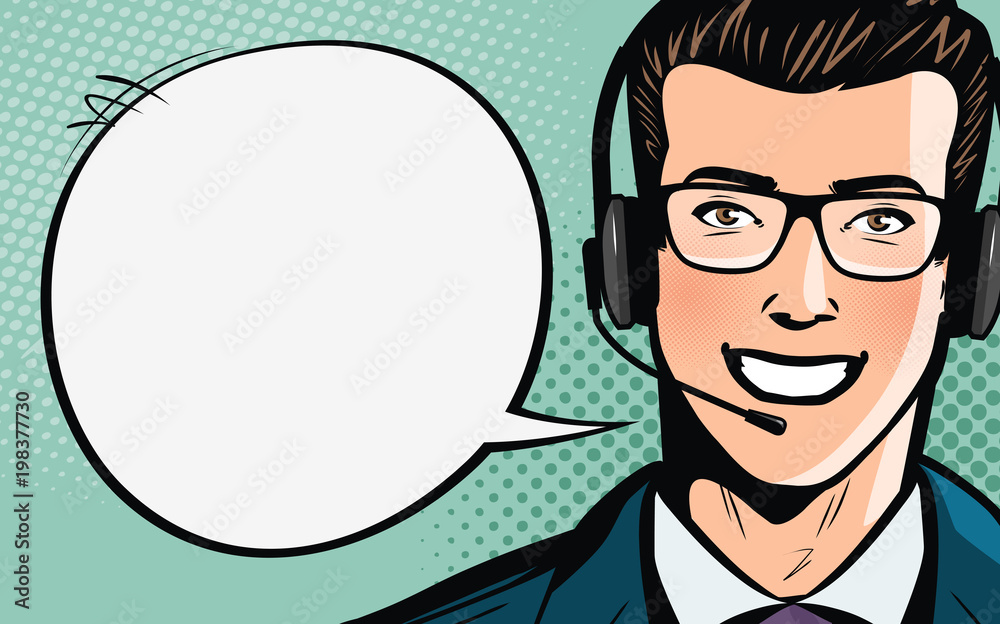 Call center, customer support, helpdesk or service concept. Man with headset. Pop art retro comic style. Cartoon vector illustration Call center, customer support, helpdesk or service concept. Man with headset. Pop art retro comic style. Cartoon vector illustration