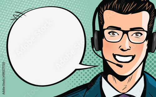 Call center, customer support, helpdesk or service concept. Man with headset. Pop art retro comic style. Cartoon vector illustration