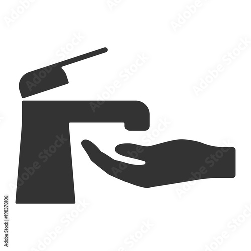 Vector image of the tap and hand under it. Designating a place where you can wash your hands. blocks editable outline. Isolated on white background