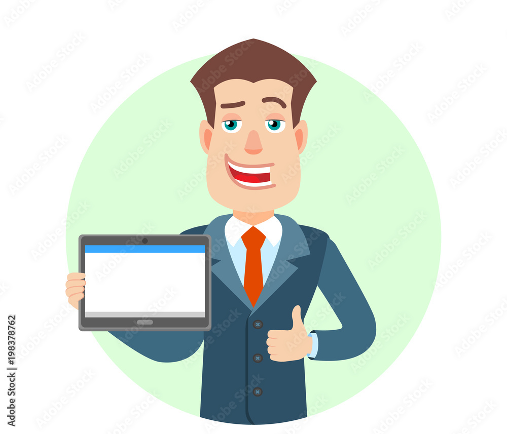 Businessman holding tablet PC and showing thumb up