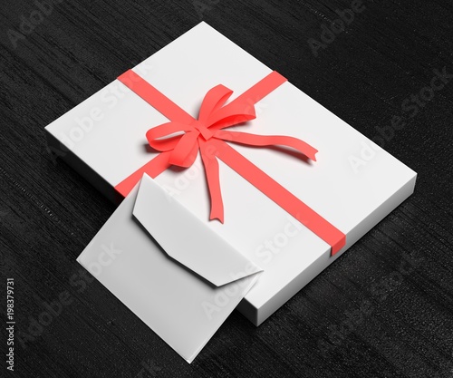 White flat gift box with a white envelope. Gift template. Wooden background. 3D rendering.
