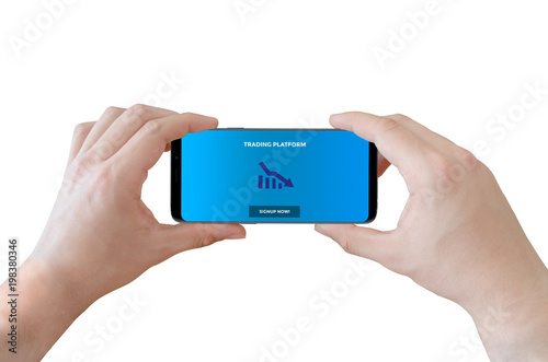 Man using smartphone with interface application screen for mock up. Isolated background