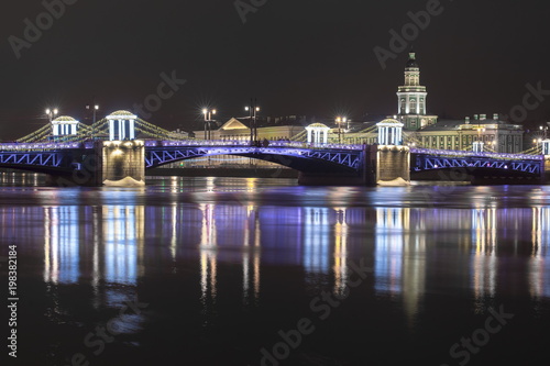 Palace Bridge and Kunstkamera during New Year and Christmas holidays, Saint Petersburg, Russia