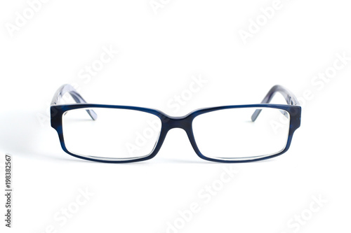 Stylish blue glasses with diopter lenses isolated on white background