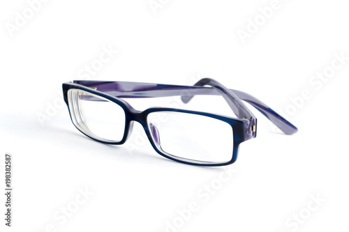 Stylish blue glasses with diopter lenses isolated on white background