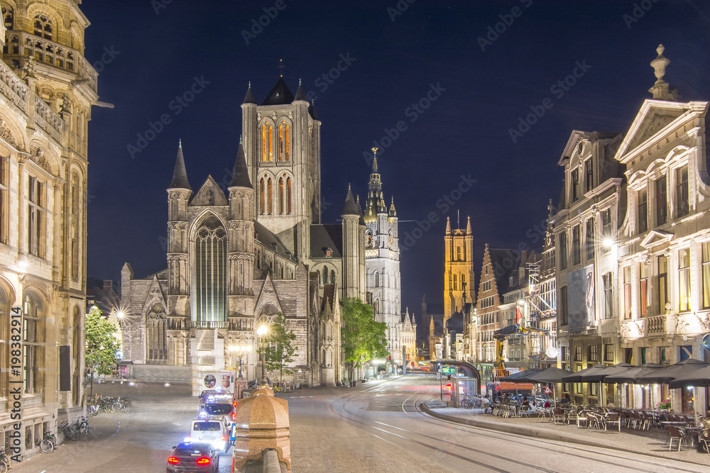 Saint Nicholas church, Belfort tower and St. Bavo Cathedral at night, Gent, Belgium