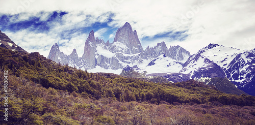 Fitz Roy Mountain Range panorama, color toned picture, Argentina.