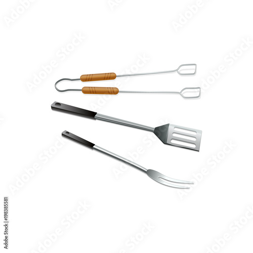 Set of realistic barbecue utensils. BBQ tools icons fork, kitchen spade and clamp vector illustration