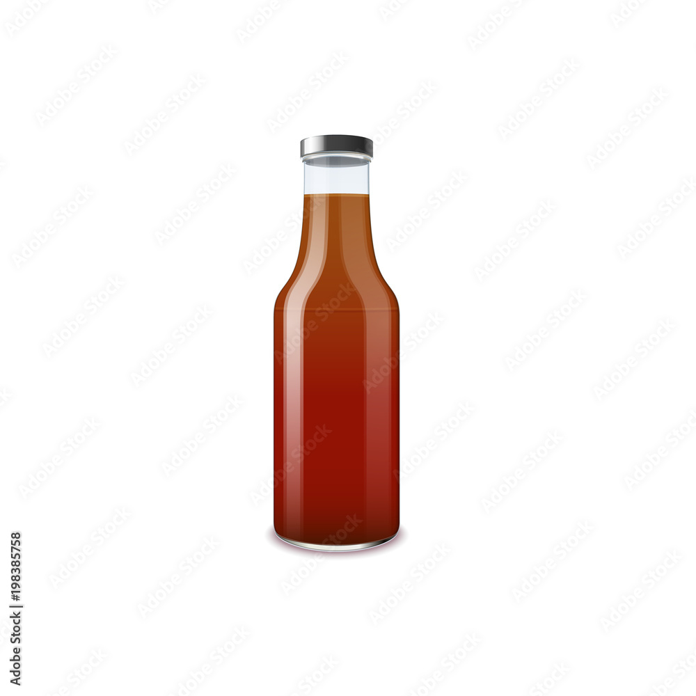 Tomato sauce in a glass bottle isolated on white background. Ketchup realistic vector illustration Tomato sauce in a glass bottle isolated on white background. Ketchup realistic vector illustration