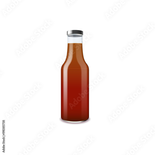 Tomato sauce in a glass bottle isolated on white background. Ketchup realistic vector illustration