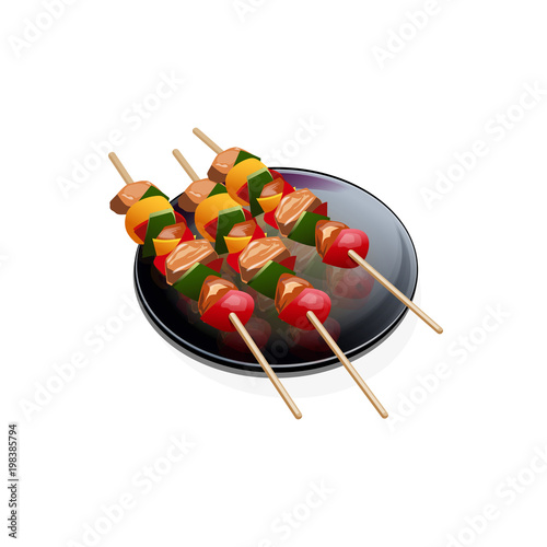 Shish kebab on a plate isolated on white background. Shashlik realistic vector illustration