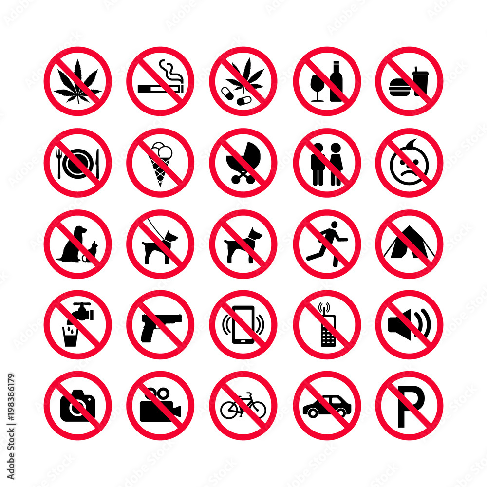 Red prohibition icons set. Prohibition signs. Forbidden sign icons. Red  warning signs set Векторный объект Stock | Adobe Stock