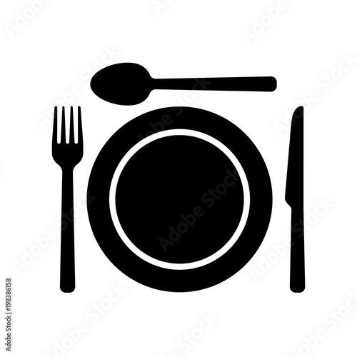 Dishware symbol icons. Fork, spoon knife and a plate icons. Meal symbol.