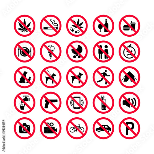 Red prohibition icons set. Prohibition signs. Forbidden sign icons. Red warning signs set