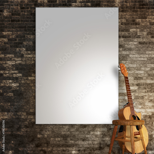Fototapeta Naklejka Na Ścianę i Meble -  3d render of a blank canvas on wall with a guitar and stool