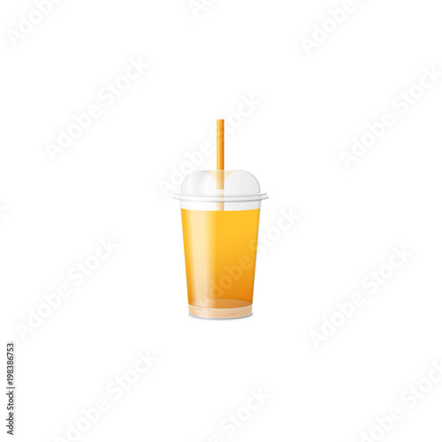 Closed plastic cup with orange juice isolated on white. Realistic vector illustration