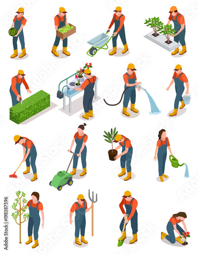 Isometric set of characters of gardeners, farmers and workers caring for the garden, growing agricultural products. Gardening character isolated on white background, vector illustration