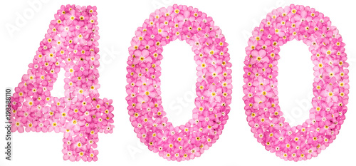 Arabic numeral 400, four hundred, from pink forget-me-not flowers, isolated on white background