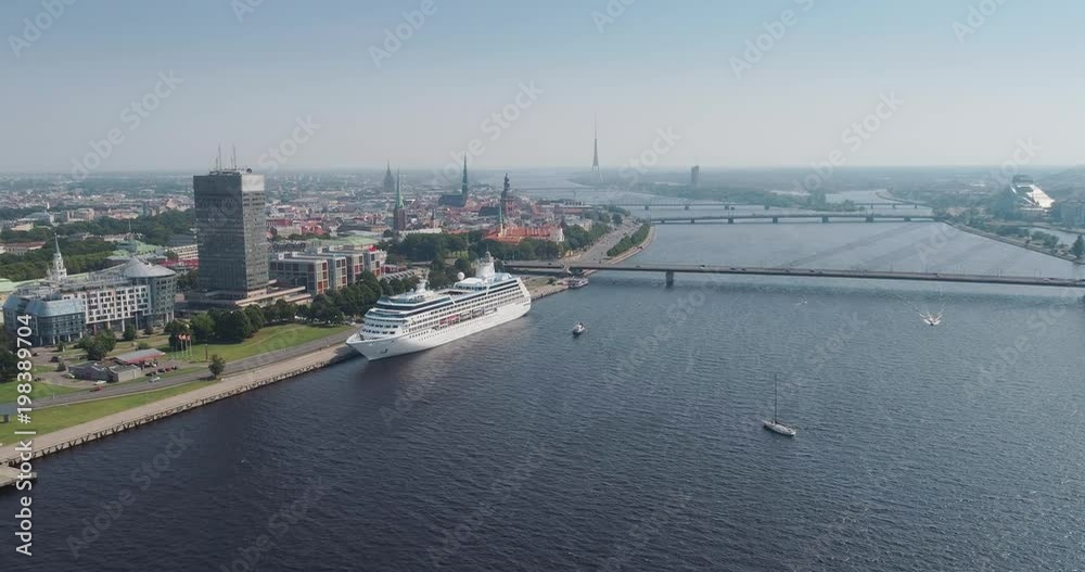 Riga city cable-stayed bridge Dugava river and il city Drone Flight yacht ferry Riga city cable-stayed bridge Dugava river and il city Drone Flight yacht ferry