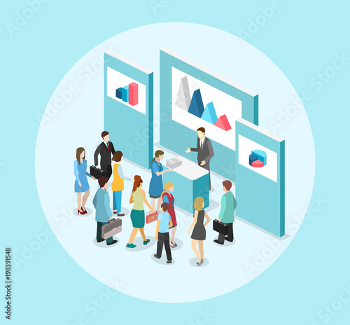Isometric flat 3D exhibition or promotion stand. Trade show booth
