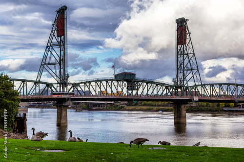 Hawthorne Bridge - a truss bridge with a vertical lift that spans the Willamette River in Portland, Oregon